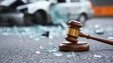 Wooden judge’s gavel on asphalt, shattered glass with damaged car background, traffic accident legal authority