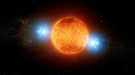 Space background with colorful nebula Galaxy Cloud. Bright galaxy shimmering neon blue purple colors with distant stars. Mysterious alien star system purple green planets orbiting a bright glowing sun