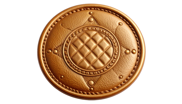 Golden metal circular ornament on transparent background