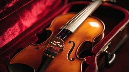 Naklejka premium Close-up Shot of a Classic Violin Resting in Its Luxurious Red Velvet Case