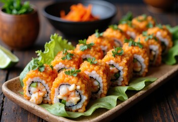 Delicious spicy sushi rolls topped with orange sauce and fresh herbs on a rustic plate