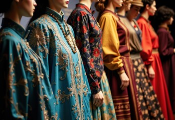 Fototapeta premium Women dressed in colorful traditional garments stand in a row showcasing cultural attire