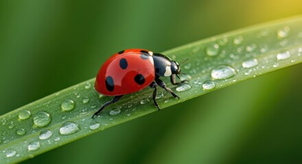 Ladybug Walking on Green Grass Blade with Water Droplets, Macro Photo