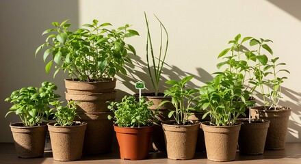 Potted herbs in natural light