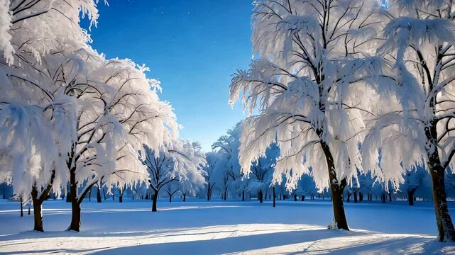 Winter Forest with Snow Covered Trees Under Clear Blue Sky in Serene Cold Weather Landscape