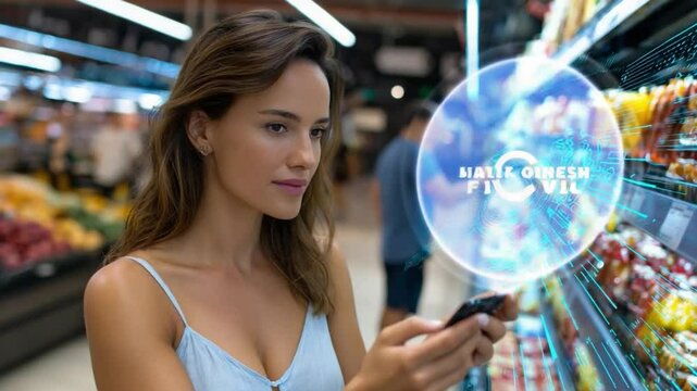 Shopping with Smart Assist: A modern shopper in a brightly lit supermarket, gazing attentively at her mobile device with a holographic projection hovering, shopping technology. 