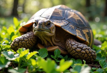Naklejka premium A close-up of a tortoise resting on vibrant green foliage