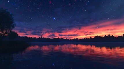 Naklejka premium Night sky reflecting on a serene lake