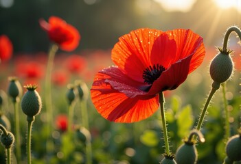 Obraz premium Bright red poppy flower illuminated by sunlight in a lush green field