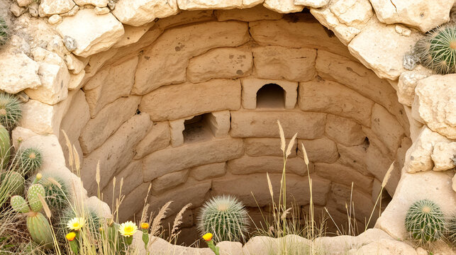 closeup of a byzantine era cistern in the western negev in israel surrounded by sabra cactus, wildflowers and grasses