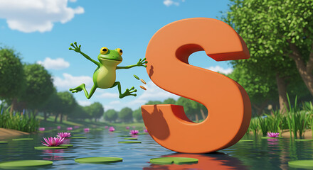 Fototapeta premium A vibrant scene of a frog with letter 