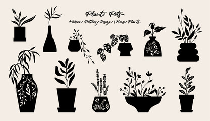 Houseplants, silhouette illustration. Isolated vector graphic. Folk art style design.
