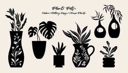 Houseplants, silhouette illustration. Isolated vector graphic. Folk art style design.