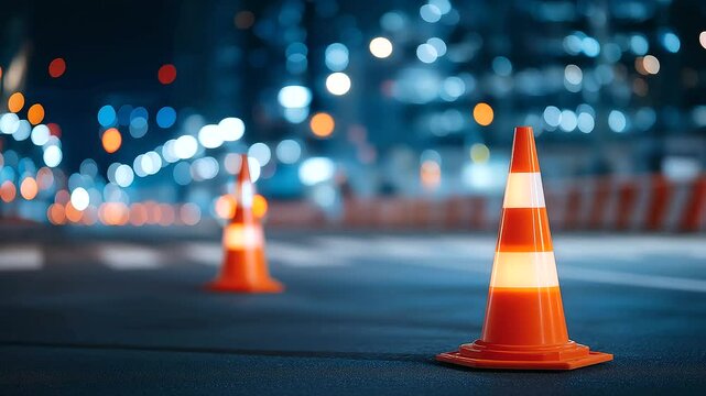 Urban roadwork scene featuring safety barriers and clear signage.