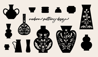 Modern design pottery illustration. Isolated vector, silhouette graphic, flowerpot, plant pot, interior decor.