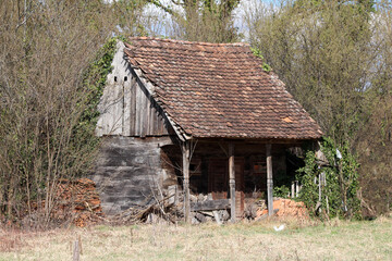 Old wooden shack with a sloped tiled roof and sagging porch stands abandoned in an overgrown field,...
