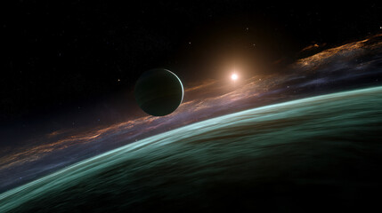 Space background with colorful nebula Galaxy Cloud. Bright galaxy shimmering neon blue purple colors with distant stars. Mysterious alien star system purple green planets orbiting a bright glowing sun