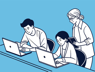 Team of professionals working in the office with laptops Vector illustration