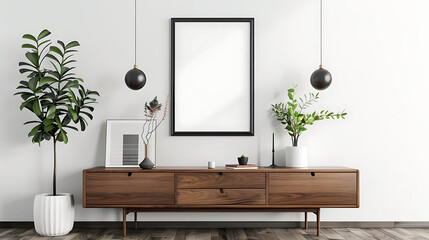 A modern living room interior featuring a wooden cabinet with decorative objects, plants, and a blank picture frame against a white wall, creating a stylish and minimalist aesthetic