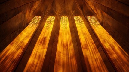Radiant light beams through stained glass windows in a gothic cathedral