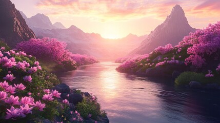 Naklejka premium Serene mountain river landscape with blooming flowers at sunset with soft light
