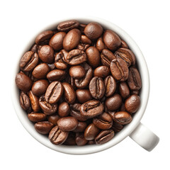 Fototapeta premium Roasted coffee beans fill white ceramic cup rich brown textures isolated on png transparent background