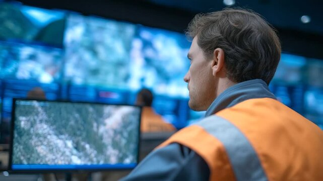 Emergency response team utilizing drones and advanced tech for flood rescue operations in a crisis room setting.