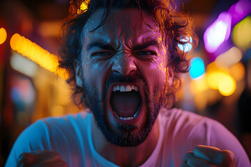 Angry man shouting in neon-lit city