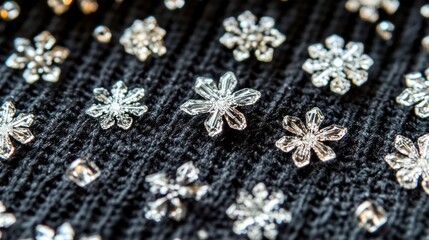 Sparkling snowflakes scattered on a dark knitted fabric.