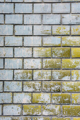 The brick wall is coated in blue paint, with scattered green stains adding an accidental touch. The imperfect finish creates a raw, urban aesthetic.