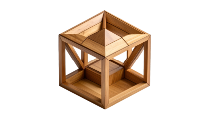 Intricate wooden geometric cube on transparent background
