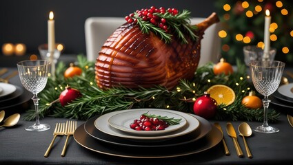 Festive Christmas dinner table setting with red and gold decorations, winter pine cones, and seasonal candles for holiday celebration