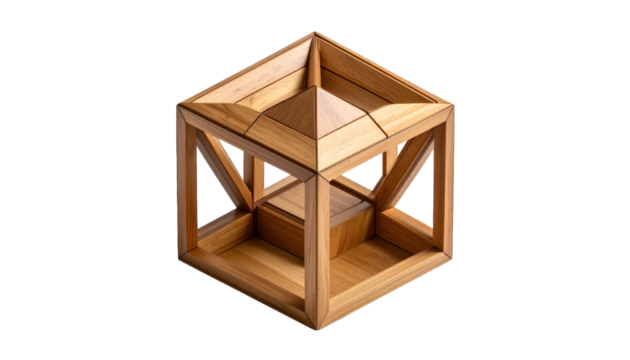 Intricate wooden geometric cube on transparent background