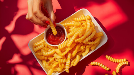 Hand dipping crinkle cut chips into tomato sauce 