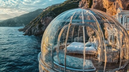 Glass Dome Bedroom Overlooking the Ocean at Sunset