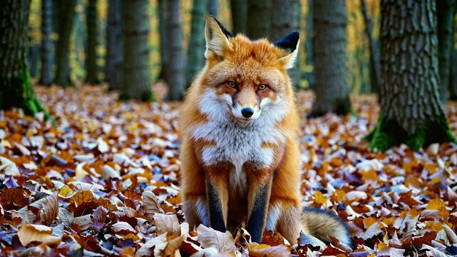 Fox sitting in autumn forest leaves