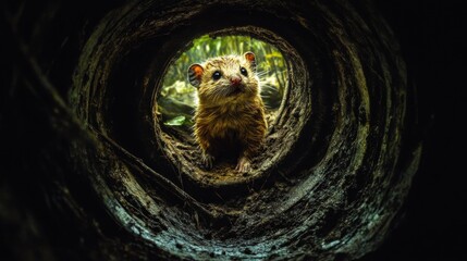 A curious rodent peeks from its burrow, bathed in soft light.