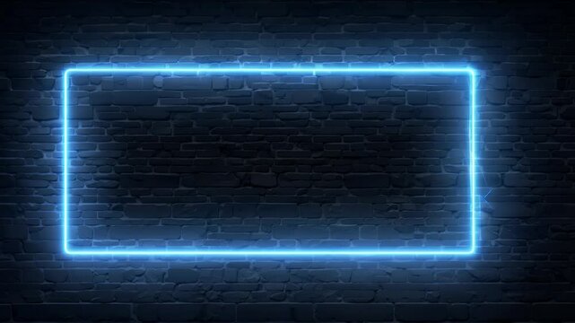 Elegant rectangular neon frame glows icy blue against dark brick texture producing versatile K border where videographers can insert brand logos event names lyric overlays stylish modern