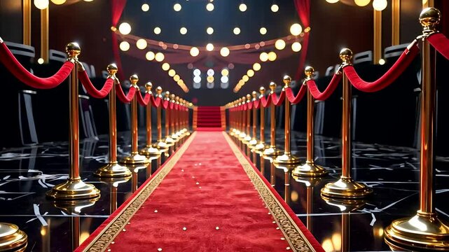 Luxurious red carpet event entrance with golden stanchions, black flooring, and stage lights for grand arrival