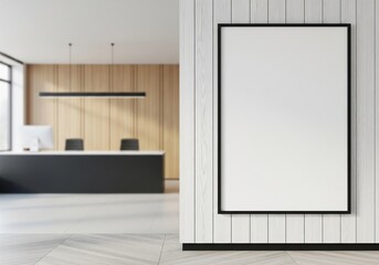  Modern lobby interior design with minimalist wooden decor and large blank poster on wall in bright open space with natural light and seating area. 3D Rendering 