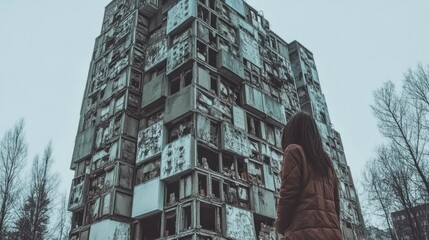 A woman gazes at a dilapidated, multi-story building.