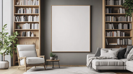 Modern Living Room Interior Design with Blank Canvas and Bookshelves