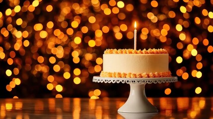 Elegant Birthday Cake with Candle and Sparkling Background