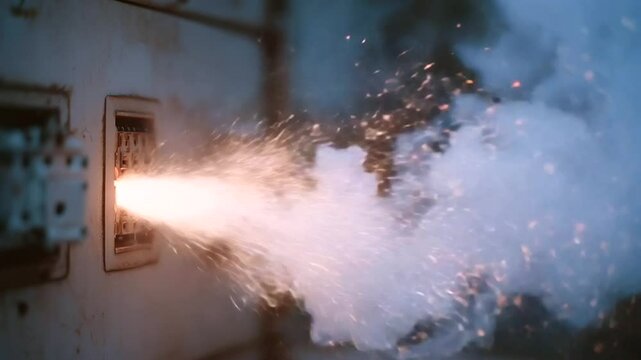Sparks fly from an electrical panel, creating a hazardous and urgent situation in a dimly lit room.