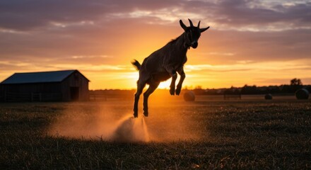 Silhouette of a goat jumping in a field at sunset with barn in the background and dust rising up