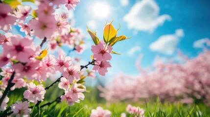 Obraz premium Pink blossoms, vibrant spring colors, sunlit branches