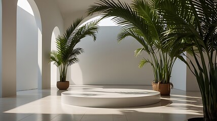 Fototapeta premium Minimalist white room with palm plants and round display platform