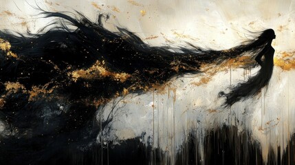 A Woman's Silhouette Transformed into a Black and Gold Abstract
