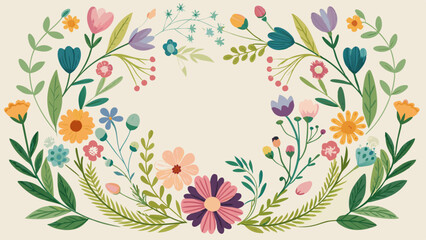 Floral Wreath Frame with Colorful Hand-Drawn Flowers on Beige Background