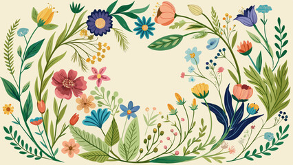 Floral Wreath Frame with Colorful Hand-Drawn Flowers on Beige Background